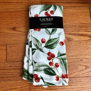 Ralph Lauren set of Two Kitchen Towels White Red Cherry Print 100% Cotton NWT